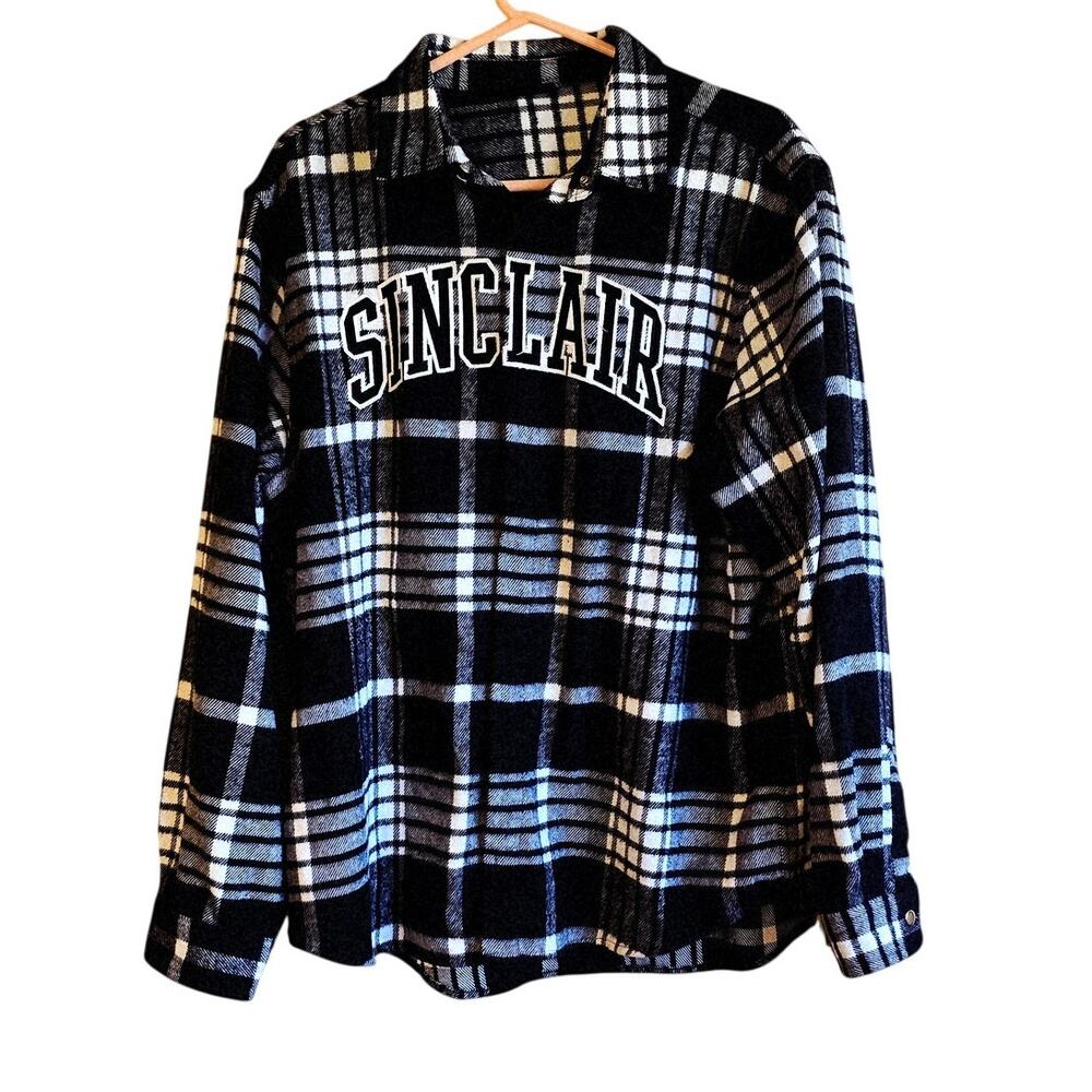 Sinclair Global flannel embroidered black flannel plaid snap front shirt size XL